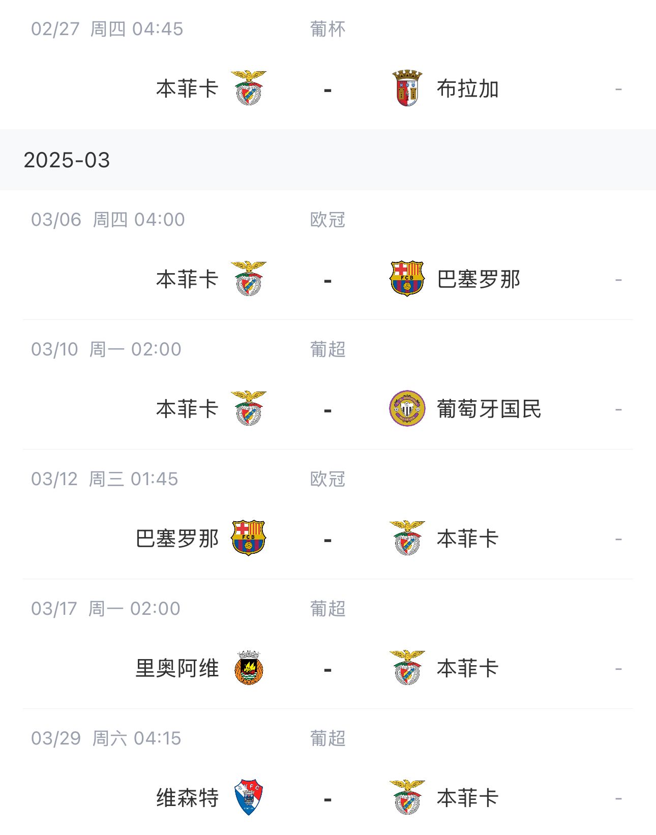  讓路歐冠！本菲卡戰(zhàn)巴薩首回合比賽前的葡超比賽推遲進(jìn)行